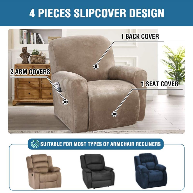 H.VERSAILTEX Velvet Stretch Recliner Couch Covers 4-Pieces Style Recliner Chair Covers Recliner Cover for Reclining Chair Slipcovers Feature Non Slip Form Fitted Thick Soft Washable, Taupe - Image 2